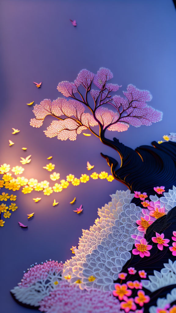 Glowing pink tree with butterflies on blue gradient background