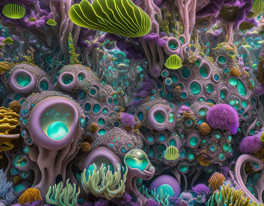 Colorful digital artwork: Fantastical coral-like structures in green, violet, and blue with glowing