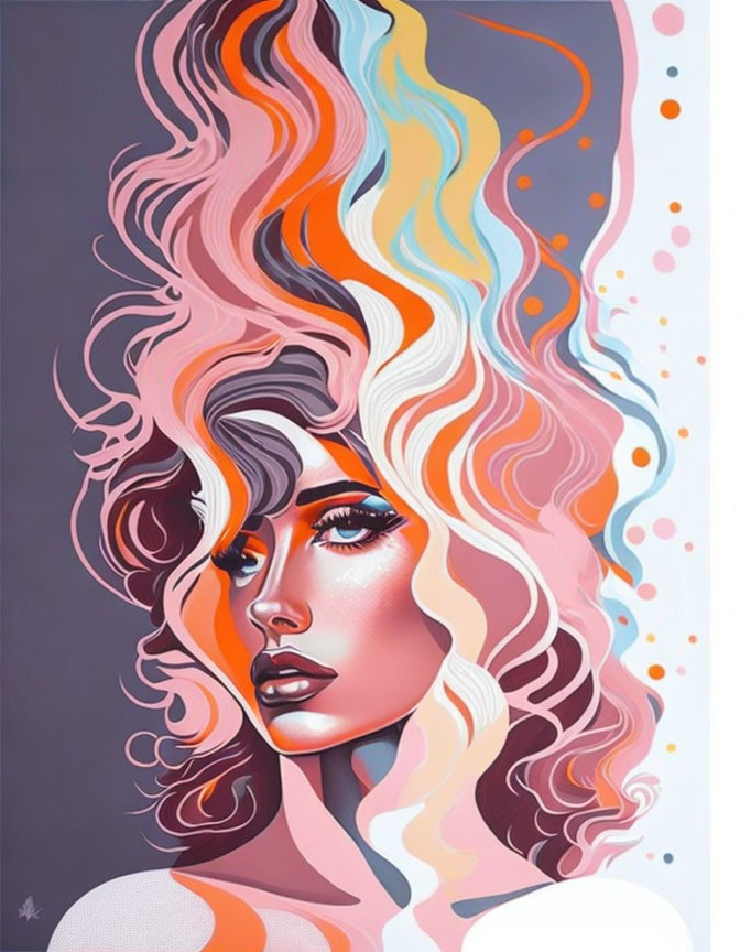 Vibrant woman with colorful flowing hair in pink, orange, and blue