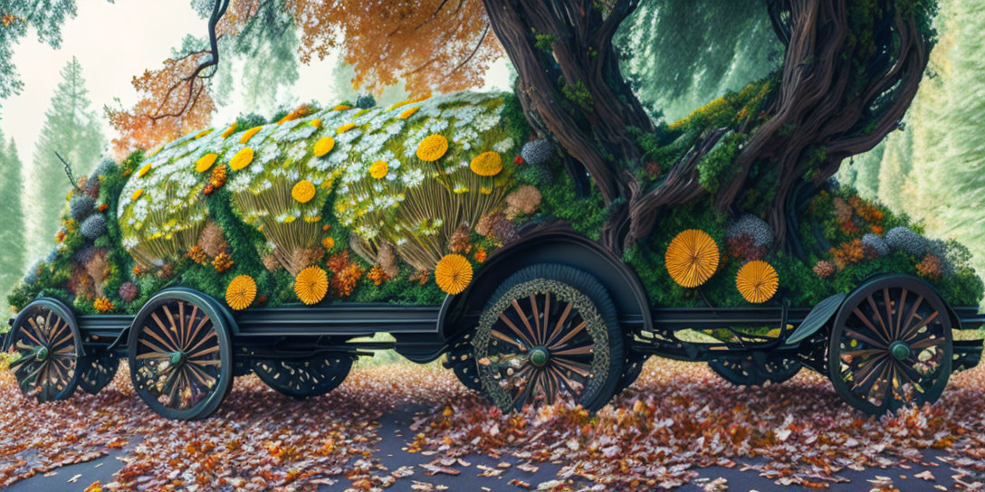 Whimsical vehicle adorned with greenery and flowers in vibrant forest