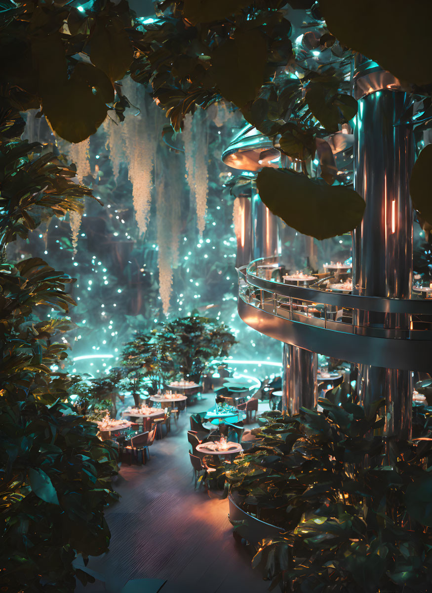 Ambient-lit futuristic restaurant with lush greenery & water features