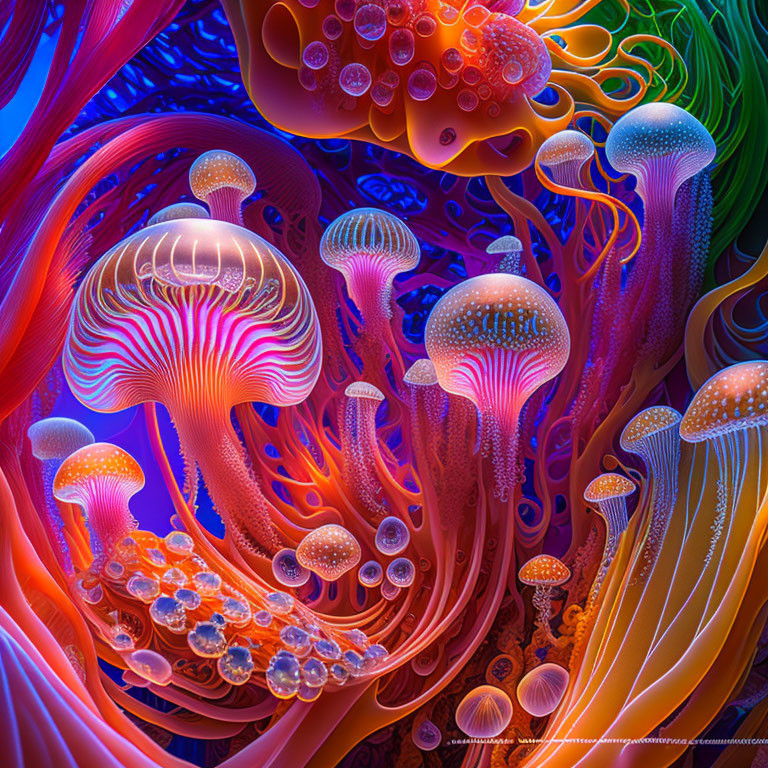 Colorful digital artwork: Fantasy underwater scene with neon jellyfish and coral structures