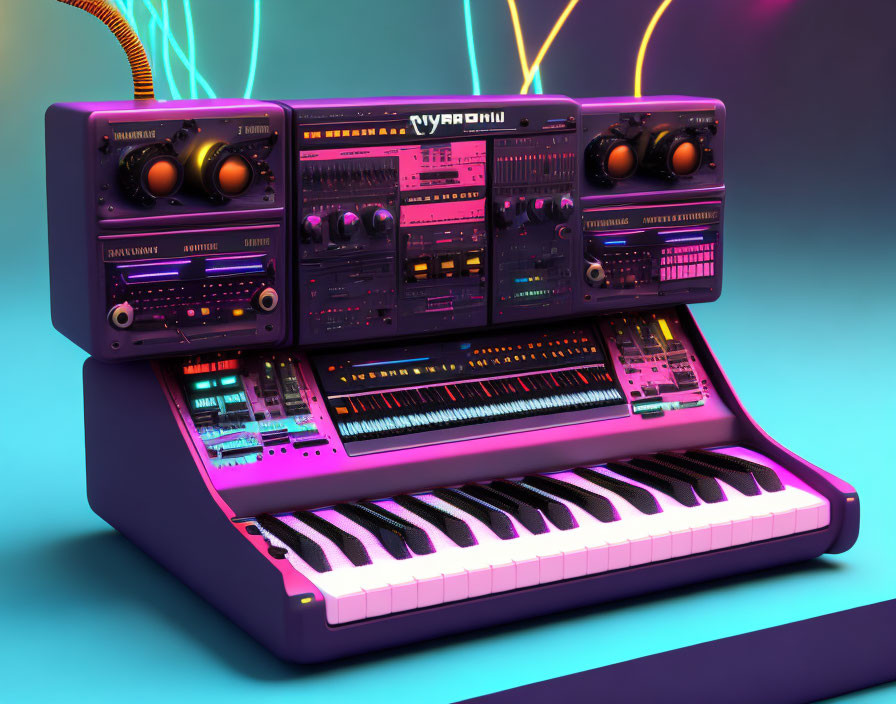 Colorful 3D rendering of futuristic synthesizer with purple hues and neon-lit background