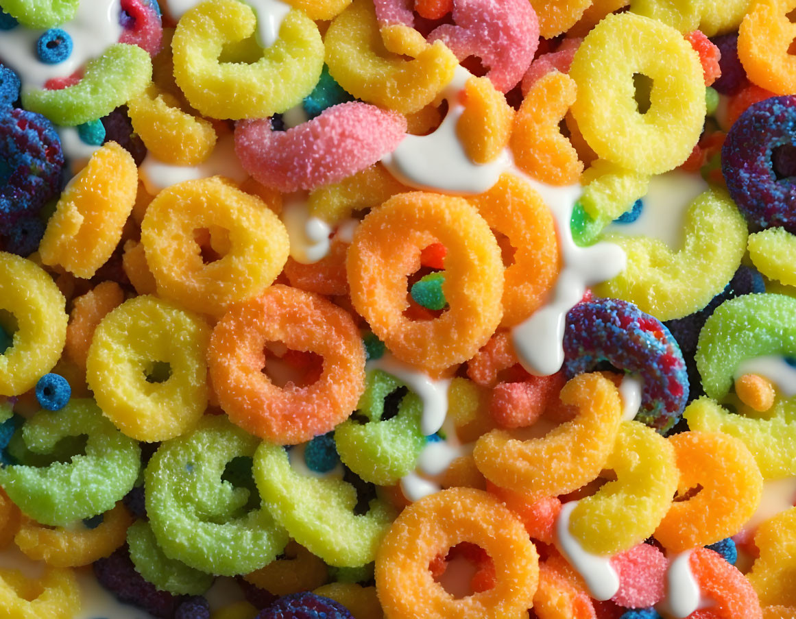 Vibrant colorful fruity cereal rings with milk splashes