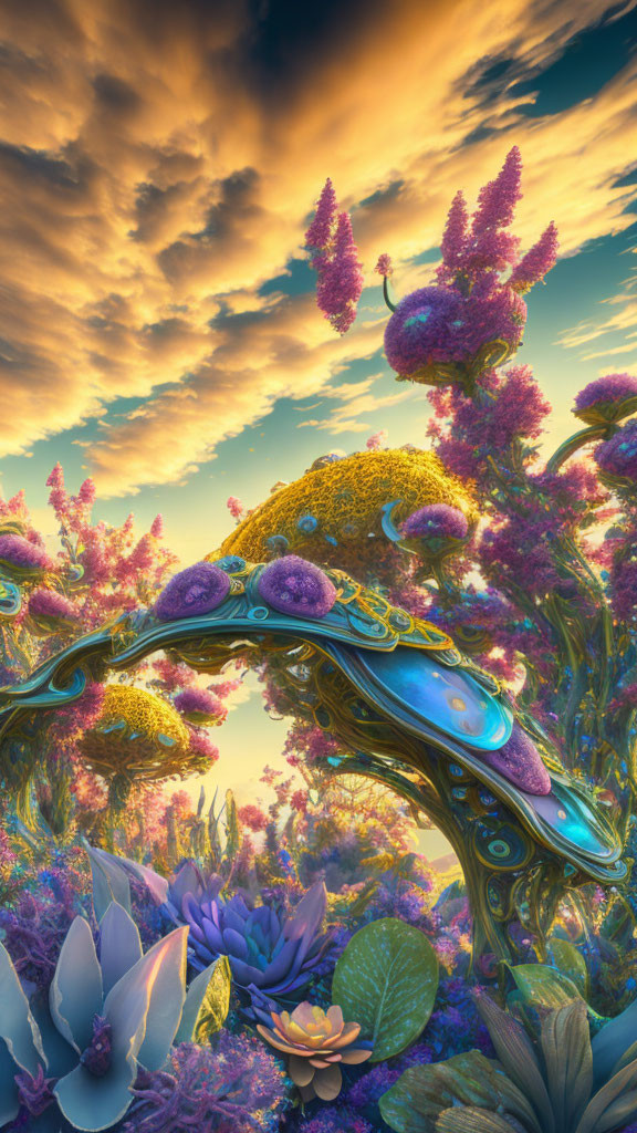 Colorful surreal landscape with floral archway and floating islands