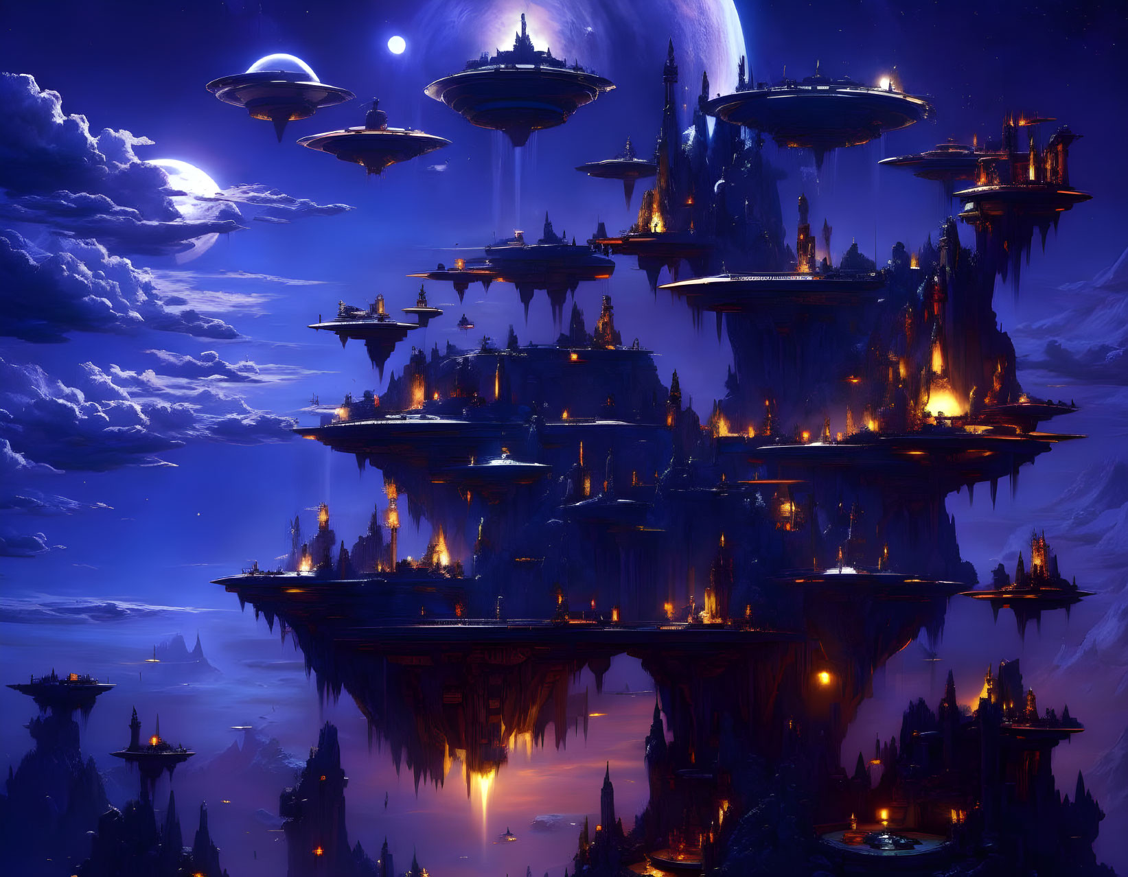 Fantastical floating cityscape with illuminated islands under starlit sky