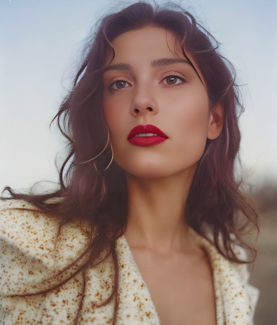 Brown-haired woman in white outfit gazes thoughtfully.