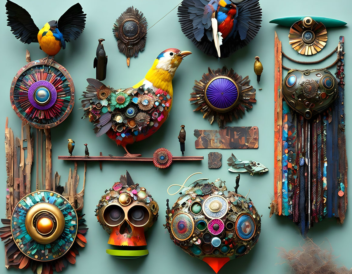 Colorful bird and nest assemblage with intricate patterns