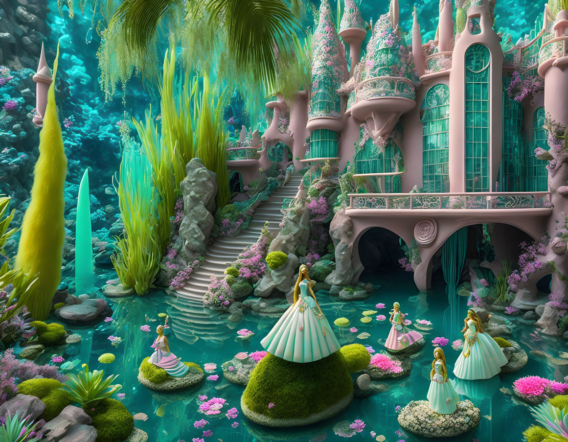 Women in ball gowns on mossy islands with vibrant marine flora and a pink castle