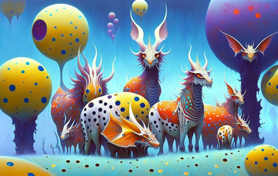 Colorful winged creatures in vibrant landscape with polka-dotted trees