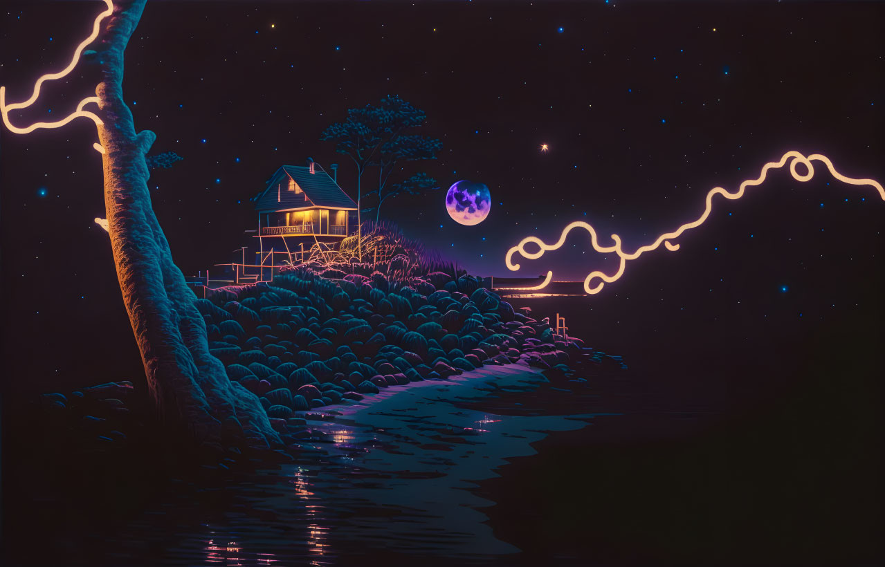 Nighttime scene: Glowing pathway, cozy house, vibrant stars, purple moon reflection