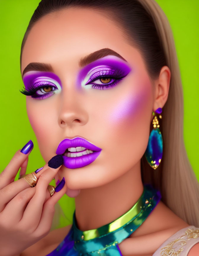 Vivid Purple Makeup with Matching Lipstick and Colorful Earrings