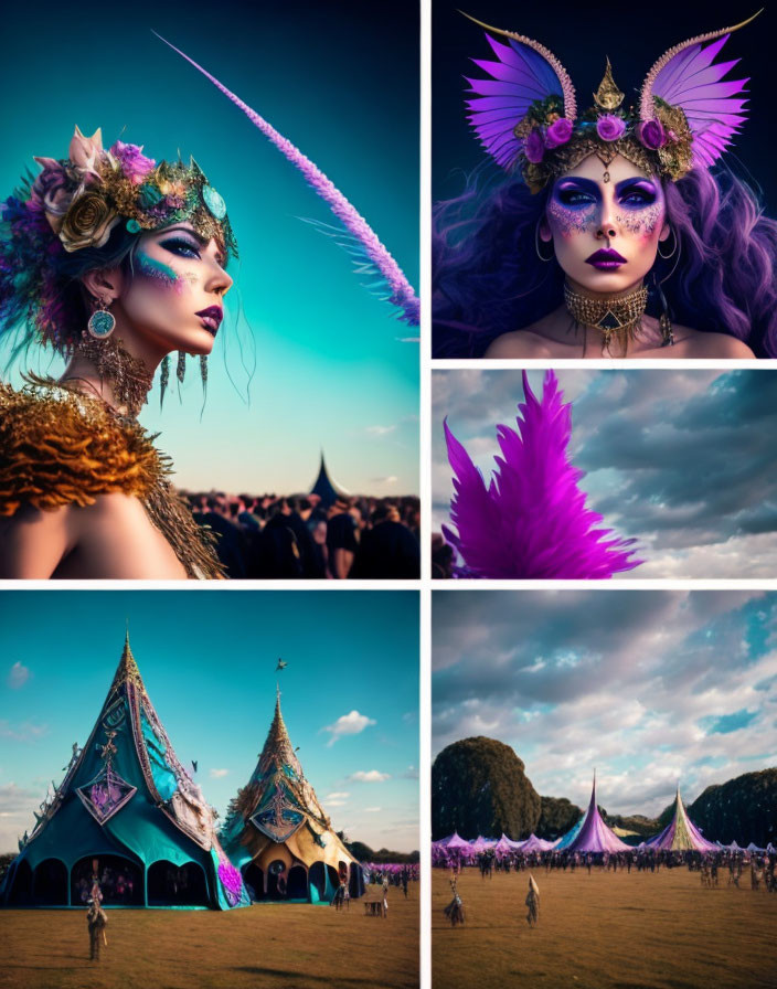 Fantasy makeup collage with vibrant feathers in festive outdoor setting