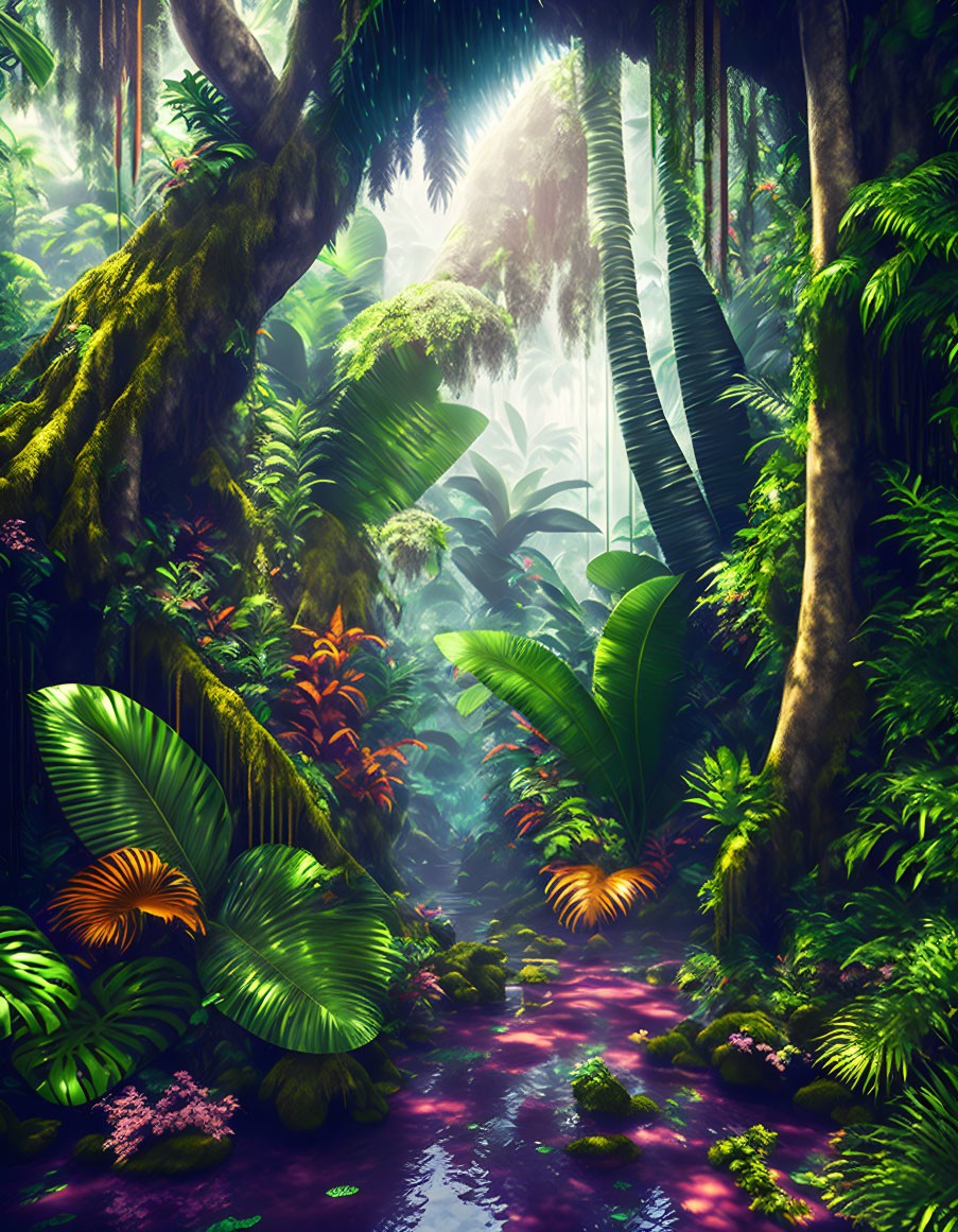 Vibrant greenery and moss-covered trees in lush tropical forest