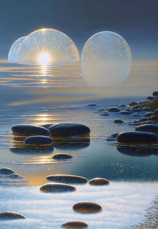 Tranquil Sunset Beach Scene with Smooth Stones and Floating Orbs