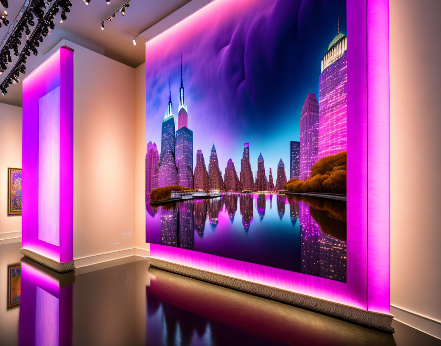 Gallery Display: Vibrant Purple Cityscape with Neon Reflections