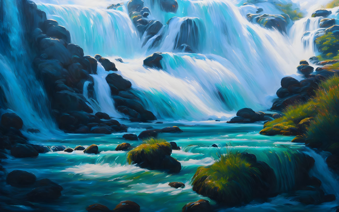 Scenic waterfall painting with lush greenery and rocks