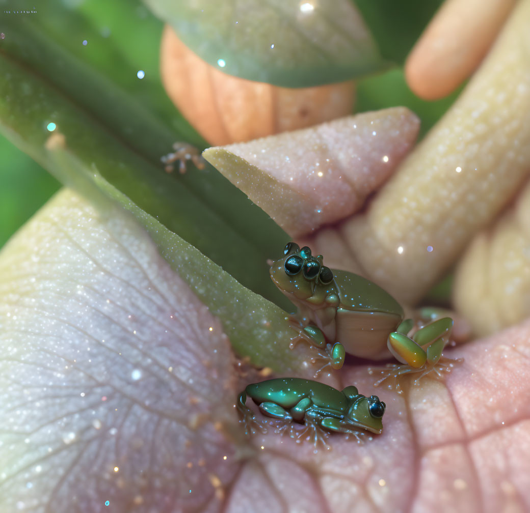 Tiny green frog on hand surrounded by plants and water droplets