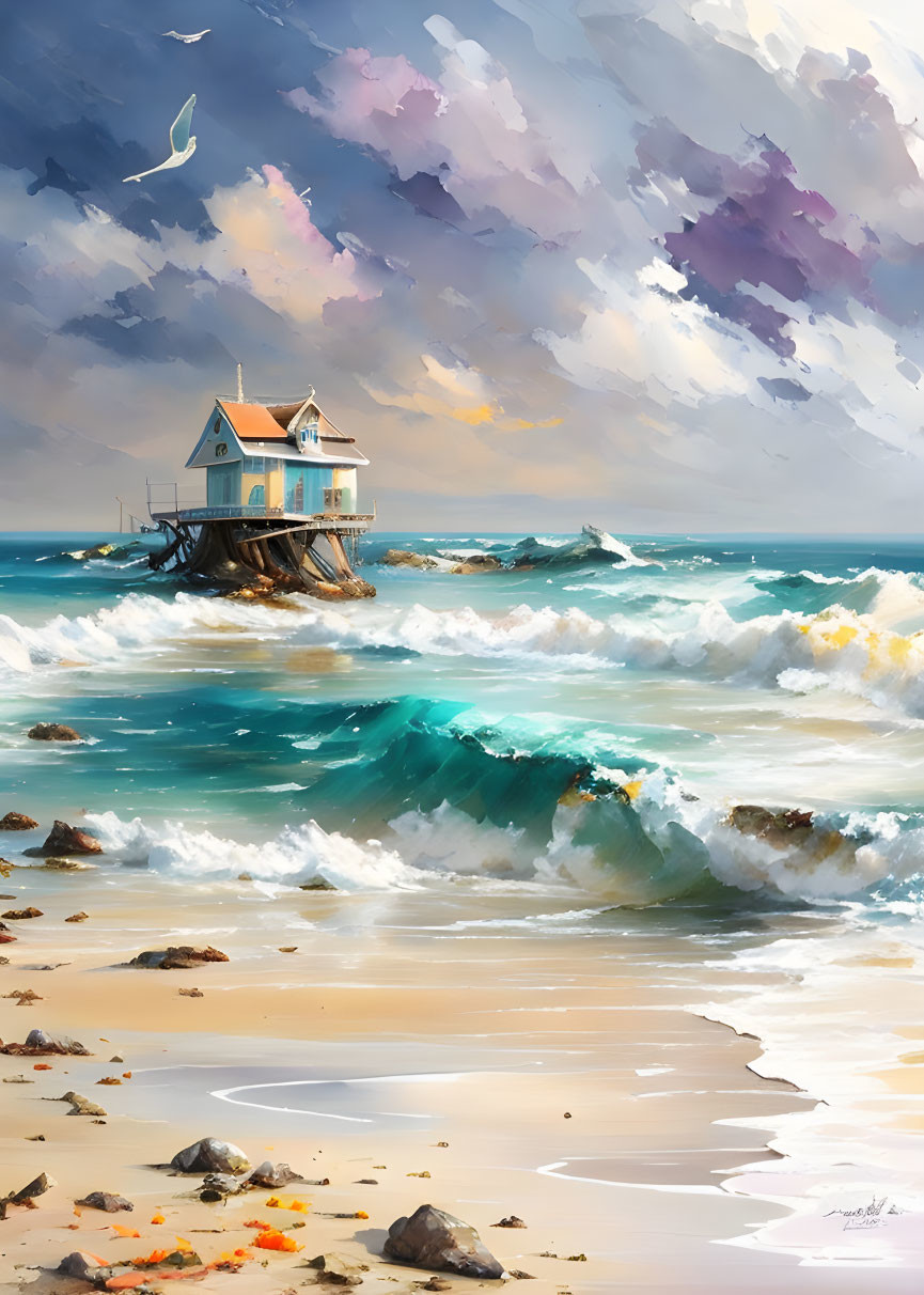 House on rocky outcrop amidst stormy sea waves and beach, with flying seagull.