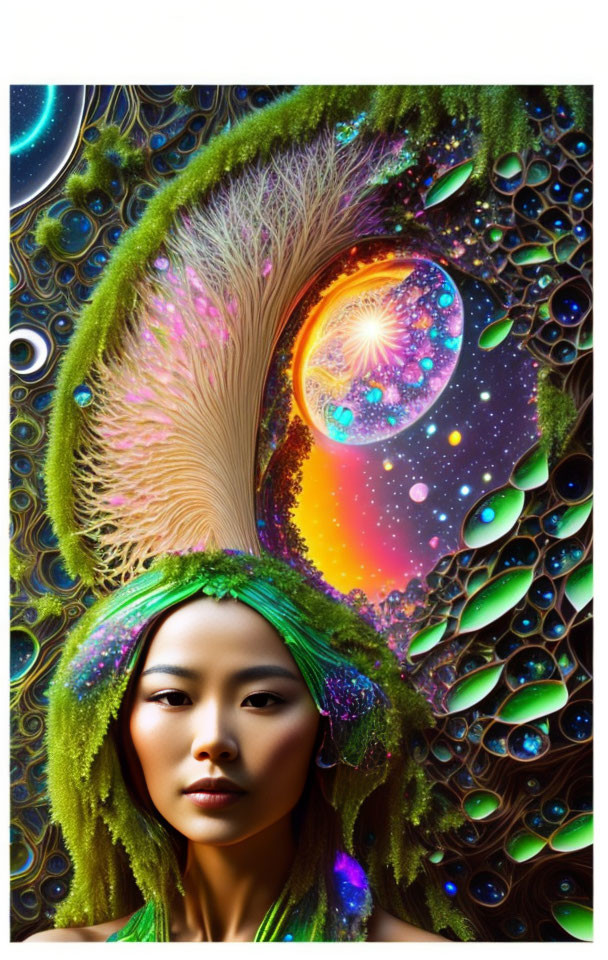 Colorful Cosmic Headpiece on Woman Against Abstract Background