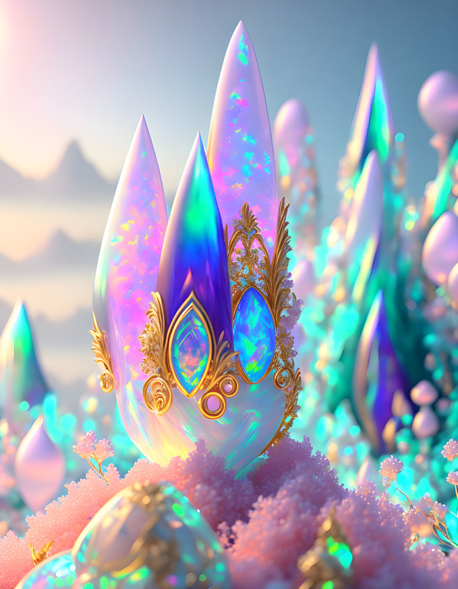 Iridescent crystals with gold accents in colorful flora scenery