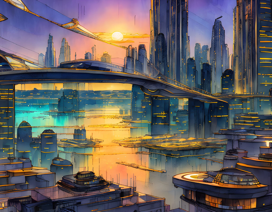 Futuristic sunset cityscape with skyscrapers, elevated roadways, and flying vehicles