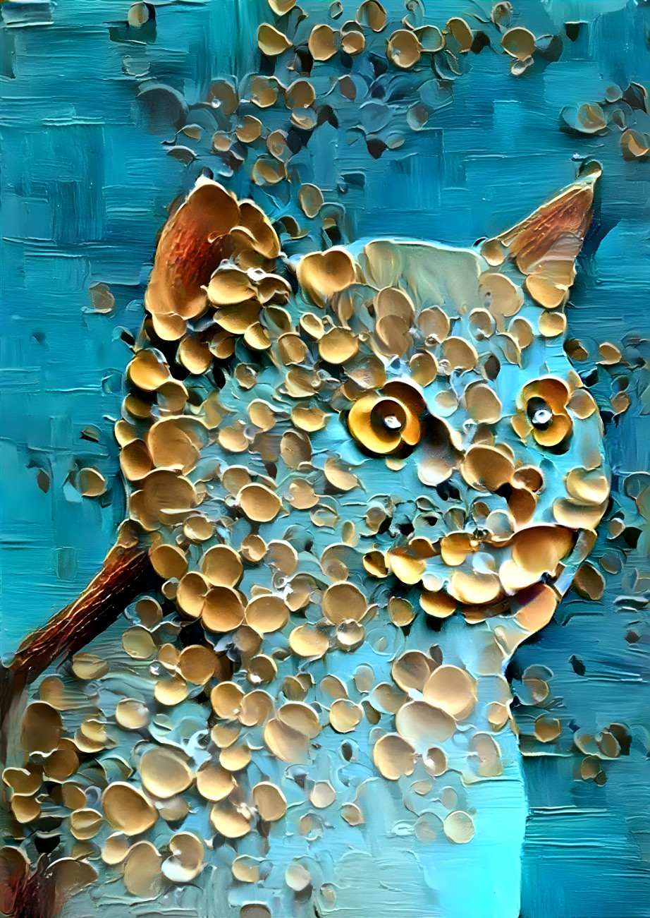 cat with human smile, retextured, blue painting