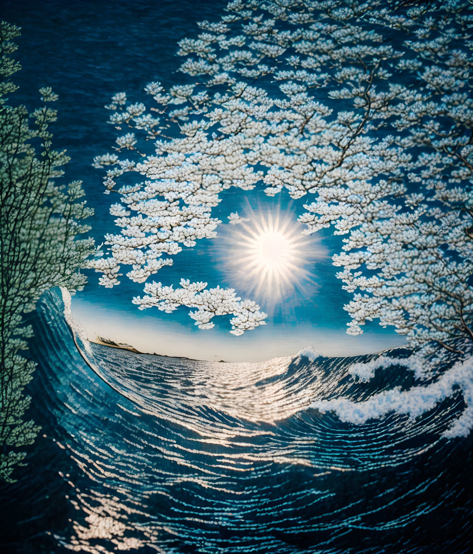 Composite image: Cherry blossoms, sun, ocean waves harmoniously blend