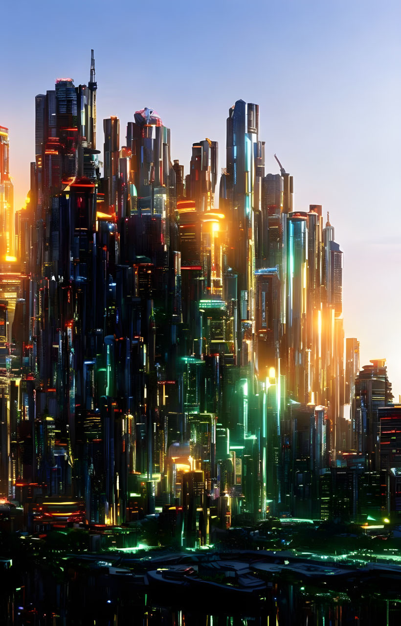 Neon-lit skyscrapers in futuristic twilight cityscape