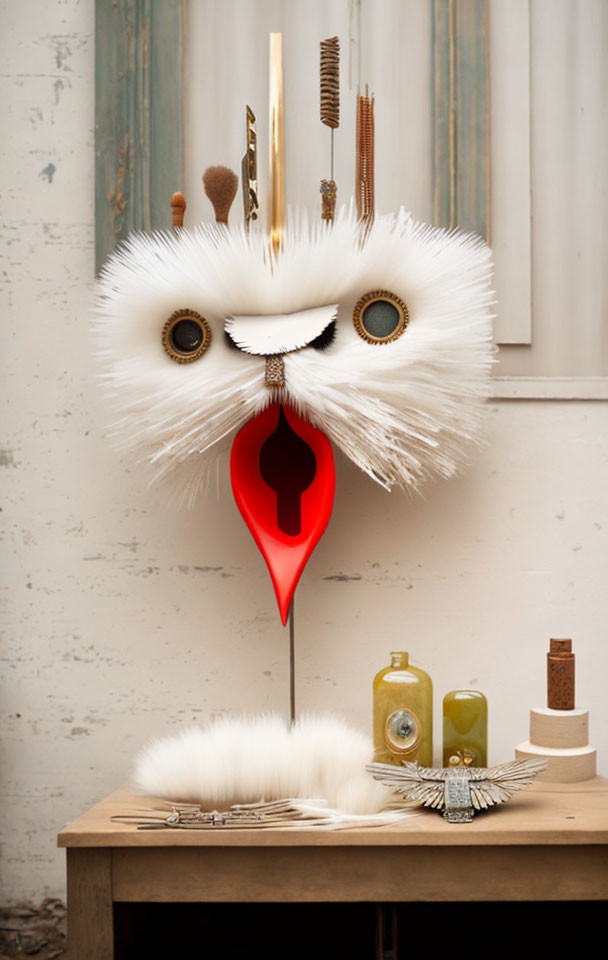 White Feathery Mask with Large Eyes and Red Nose Displayed on Table