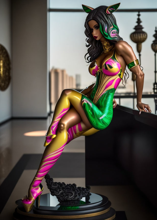 Colorful Female Figurine in Green and Pink Costume Against Cityscape