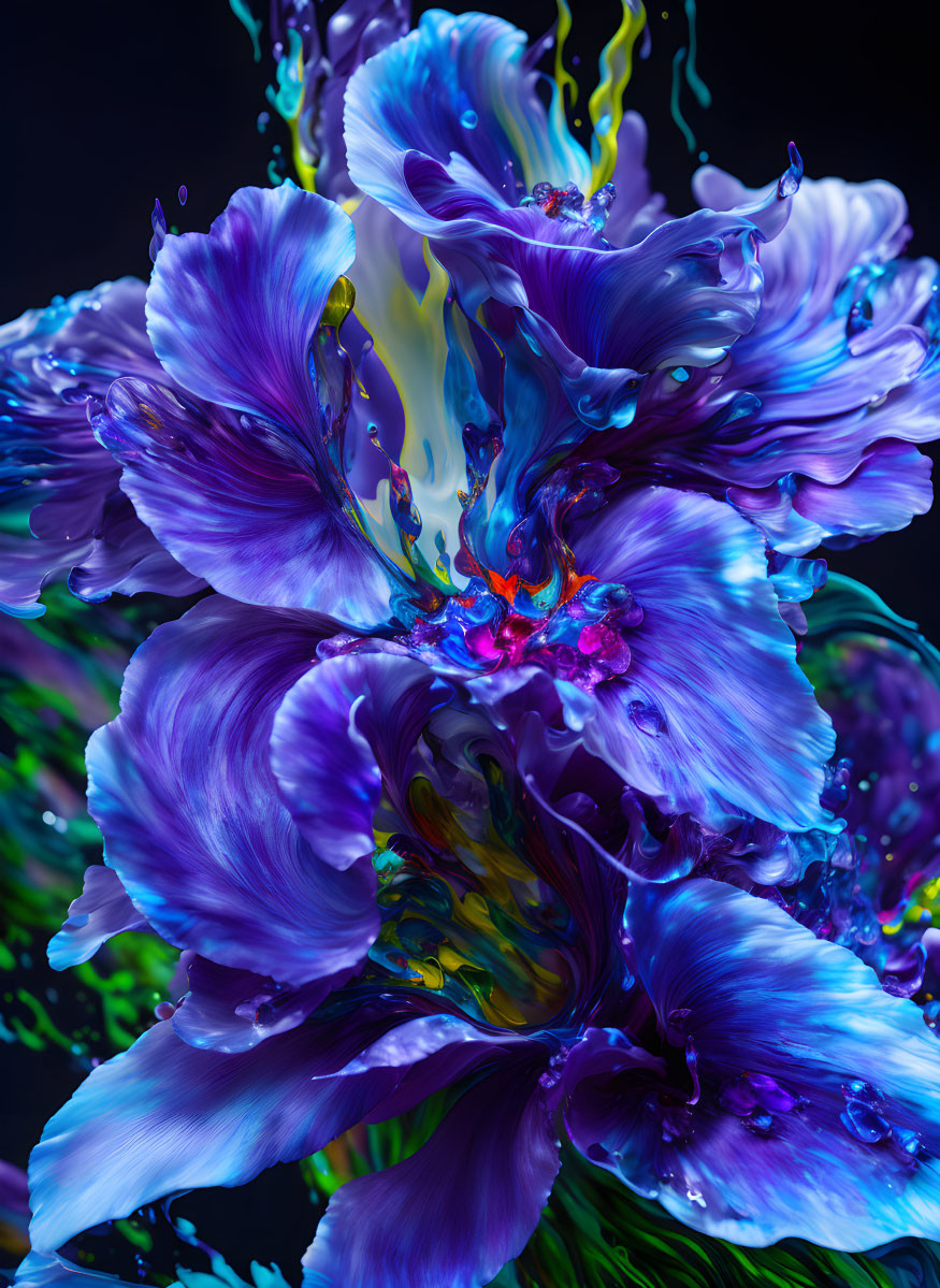 Colorful digital artwork: Dynamic blue and purple petals with liquid splashes