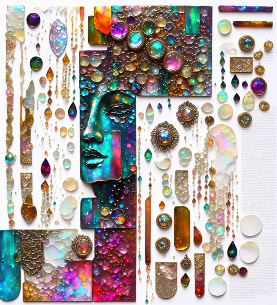 Colorful Collage with Iridescent Jewels and Holographic Face