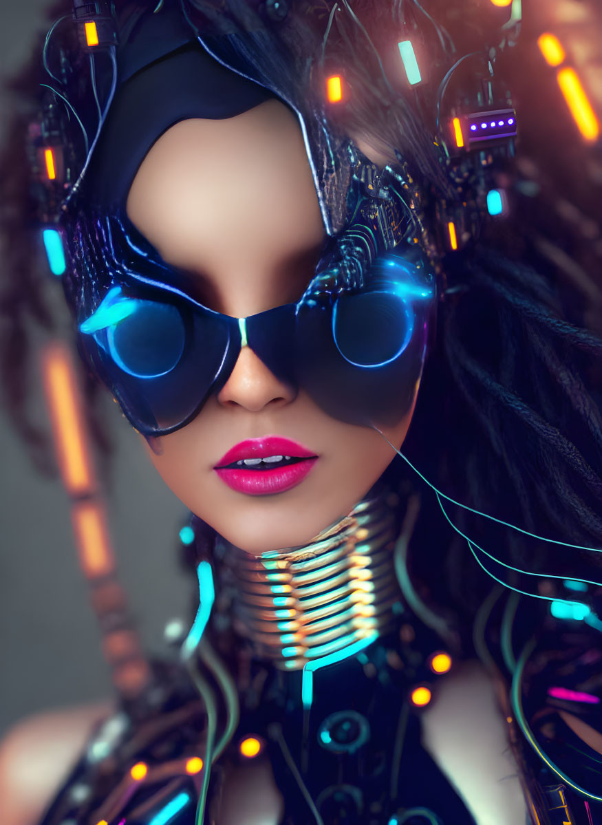 Futuristic female android with blue glasses, cybernetic enhancements, and neon-lit hair cables