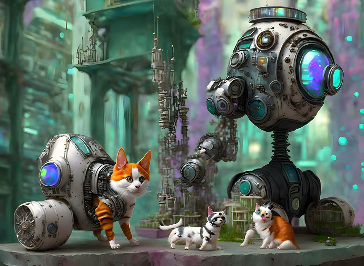 Futuristic scene: Large robot with small dog and two cats amidst intricate mechanical structures