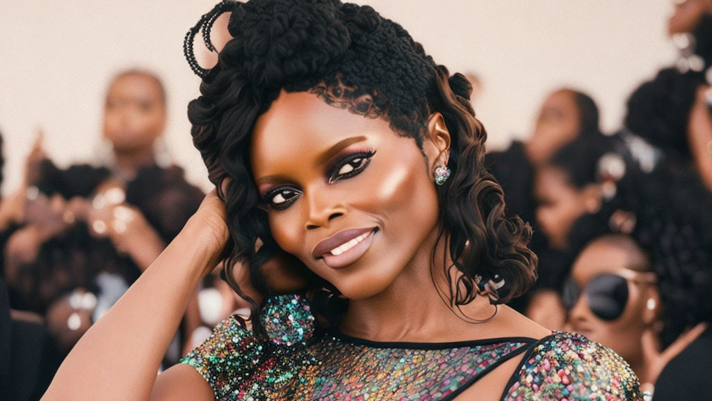 Confident woman with intricate hairstyles in sequined dress among others