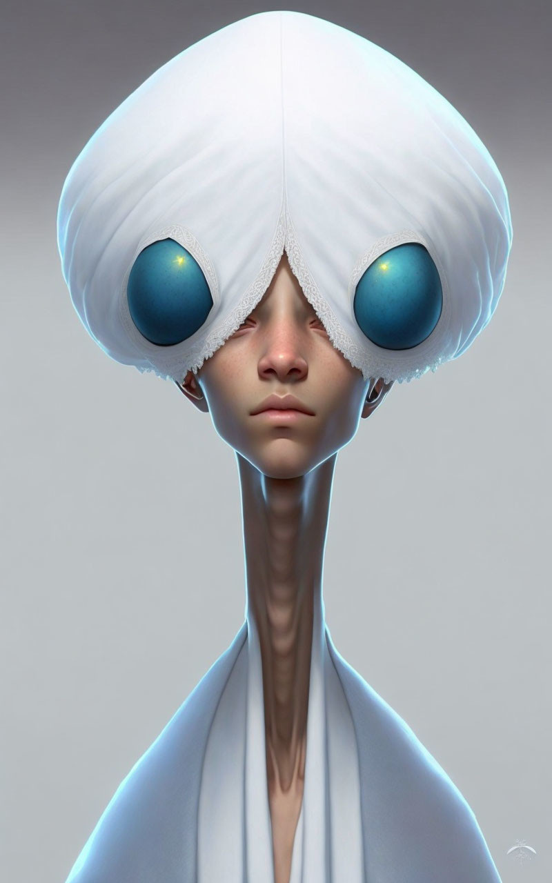 Digital artwork: humanoid figure with slender neck, large blue eyes, and white mushroom-like headpiece