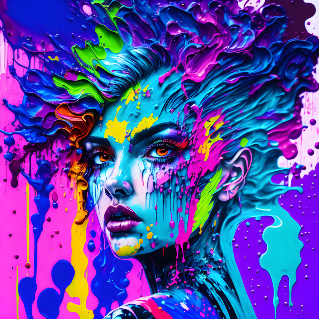 Colorful digital artwork: Woman's face with melting paint effect