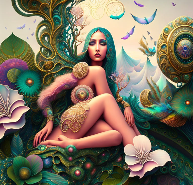 Surreal nude female figure with vibrant body art in mystical scene