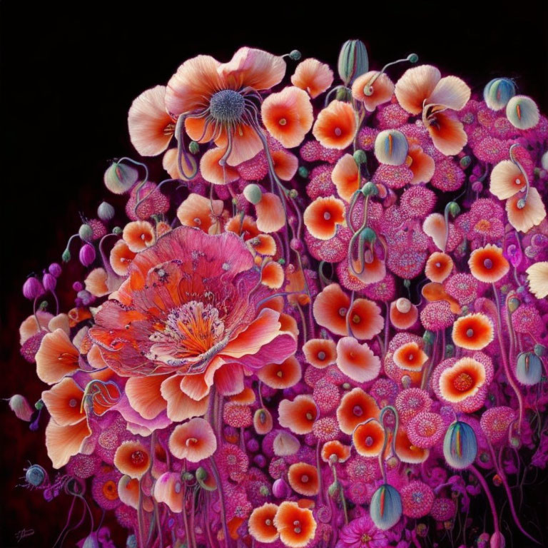 Colorful painting of red and pink poppies on dark backdrop