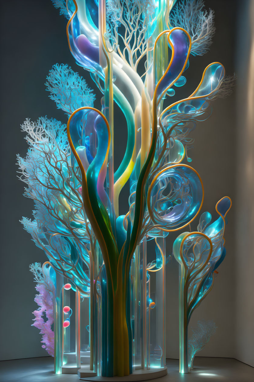 Colorful Glass Tree Sculpture in Blue, White, and Translucent Shades