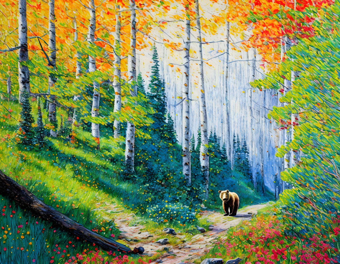 Autumnal forest painting with colorful foliage and bear on path