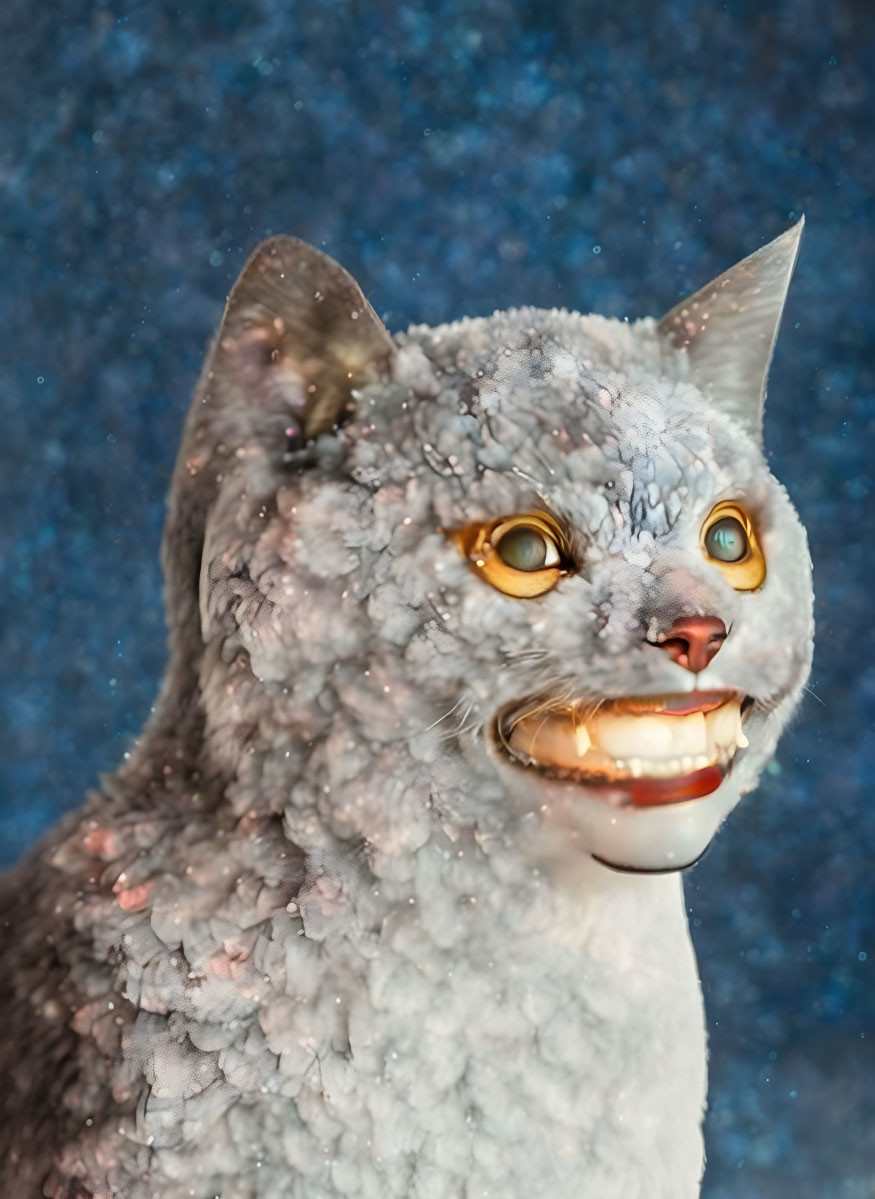 Surreal anthropomorphic grey cat with human-like eyes and teeth on speckled blue background