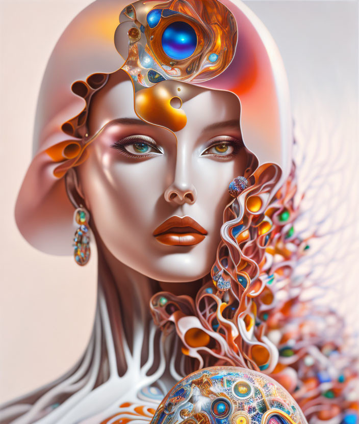 Digital Art Portrait of Woman with Metallic Hair and Ornate Headgear