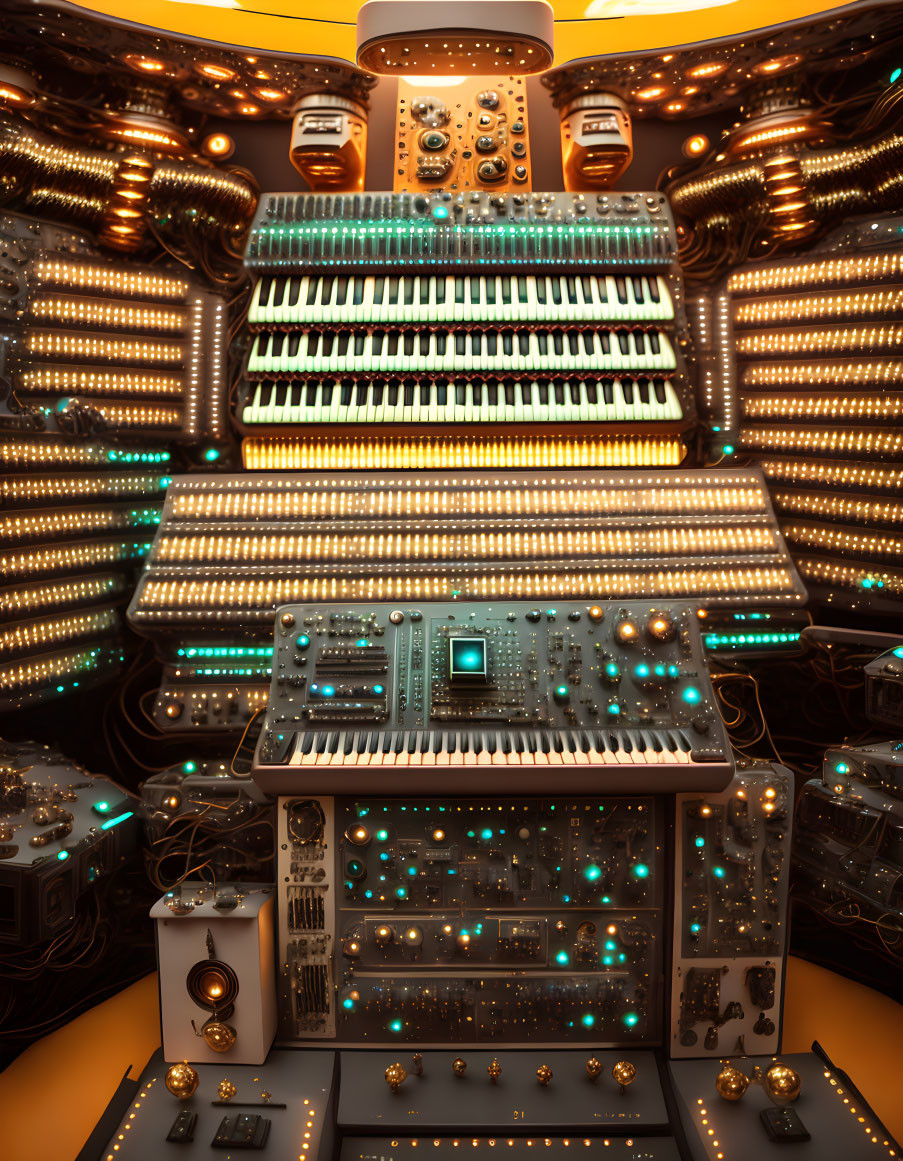 Multi-tiered electronic music station with buttons, knobs, switches, and illuminated panels on warm background