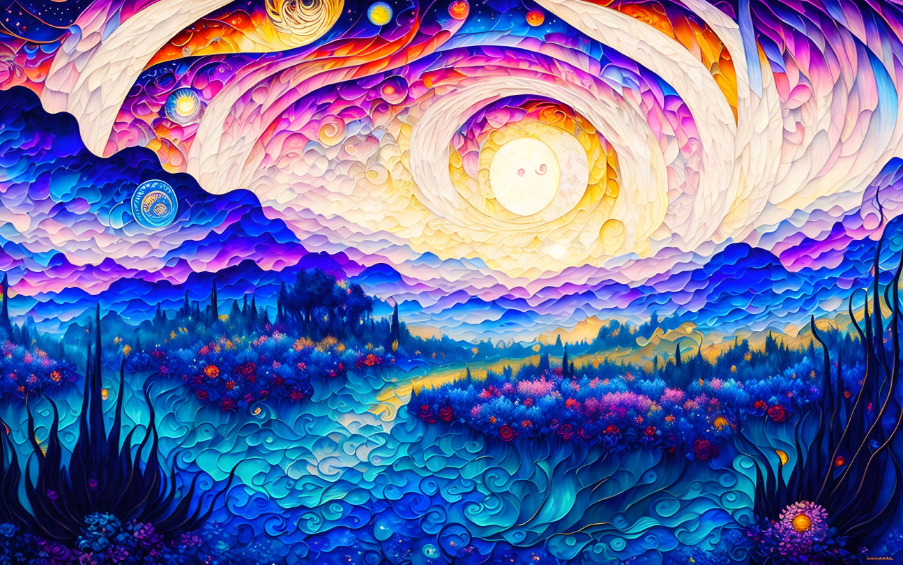 Colorful landscape with swirling skies and floral patterns in purple, blue, and fiery hues