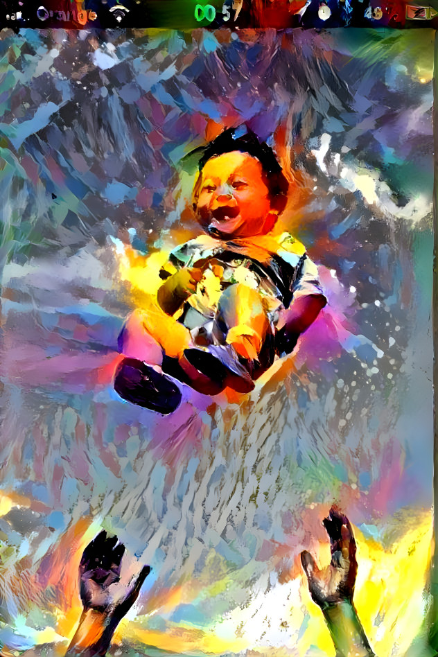 laughing baby thrown into the air, painting