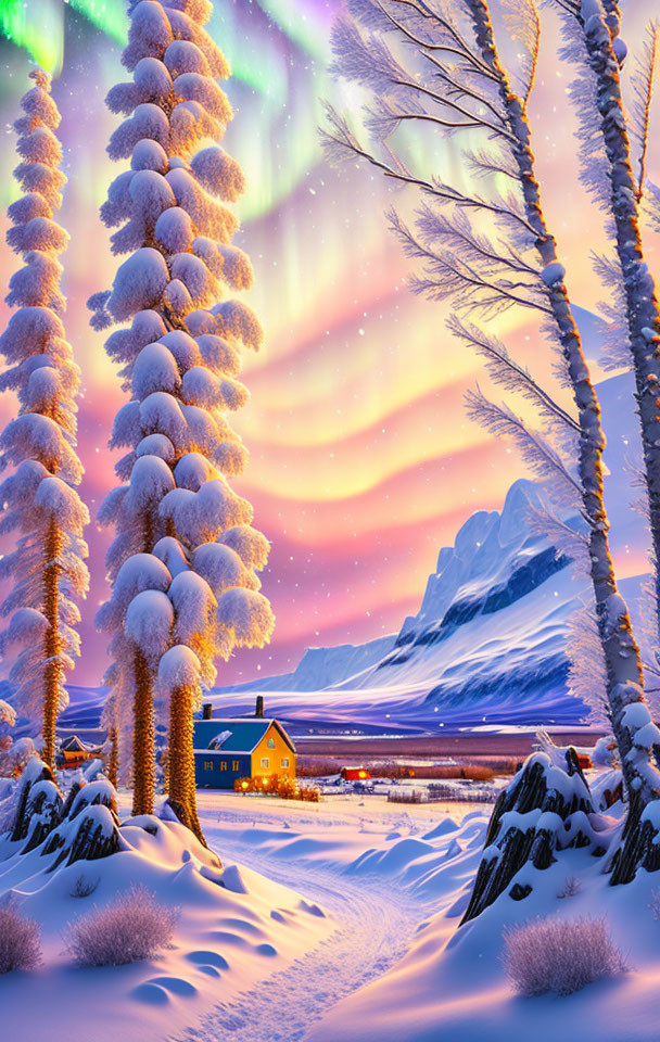 Snow-covered trees under twilight sky with aurora borealis and cozy house in winter scene