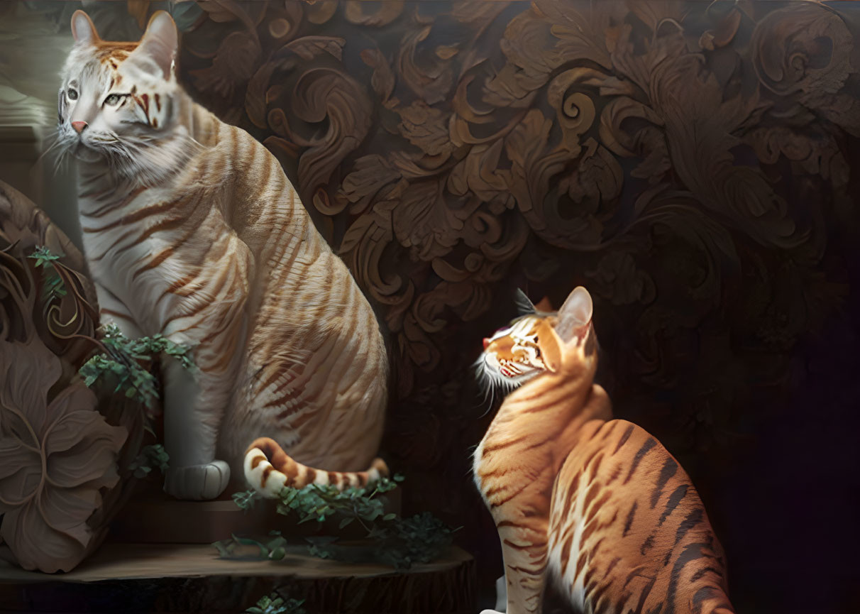 Orange and white striped cats on baroque-style background with intricate designs