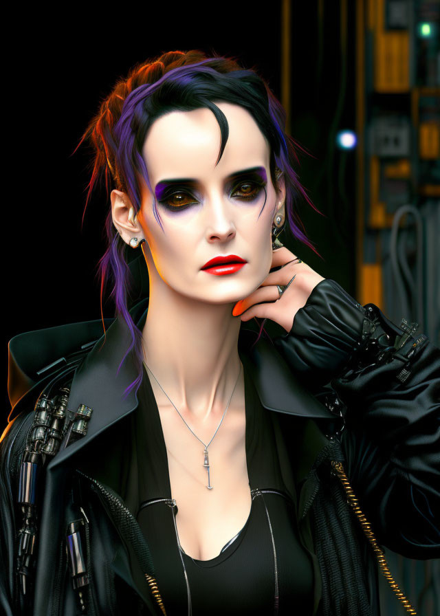 Stylized image of woman with striking makeup and purple accents in black hair against urban backdrop